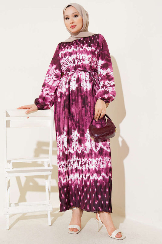 Batik Pattern Pleated Belted Dress Burgundy