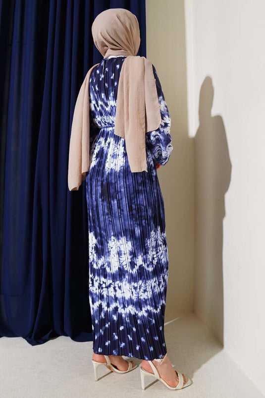 Batik Pattern Pleated Belted Dress Navy Blue