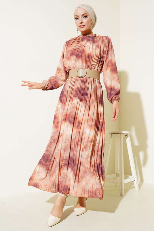 Batiked Pleated Chiffon Dress Brown