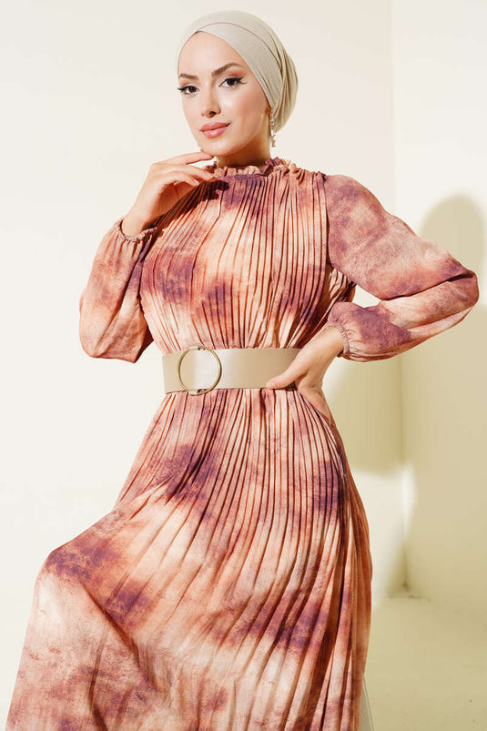 Batiked Pleated Chiffon Dress Brown