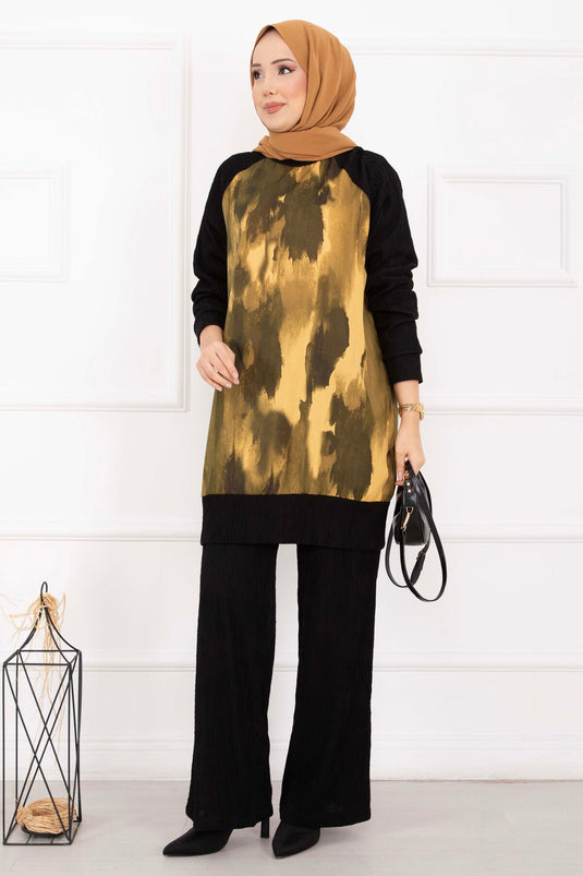 طقم محتشم مزدوج بتصميم باتيك مع رباط، لون خردلي