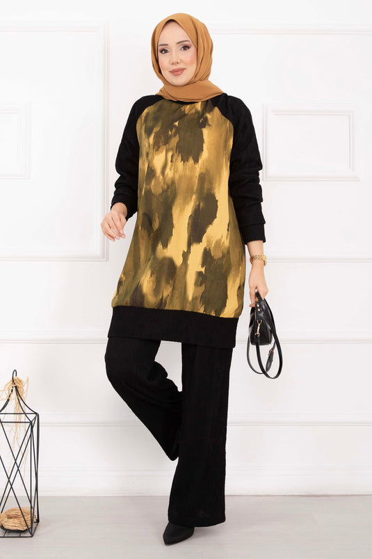 طقم محتشم مزدوج بتصميم باتيك مع رباط، لون خردلي