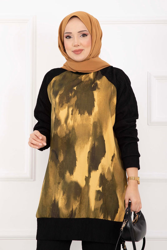 طقم محتشم مزدوج بتصميم باتيك مع رباط، لون خردلي