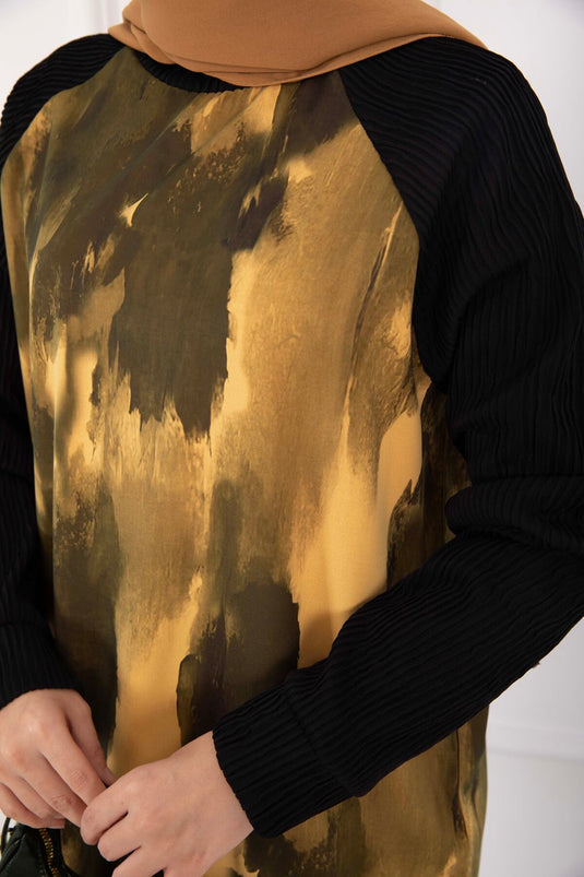 Batik Desen Ribanalı Tesettür İkili Takım Hardal