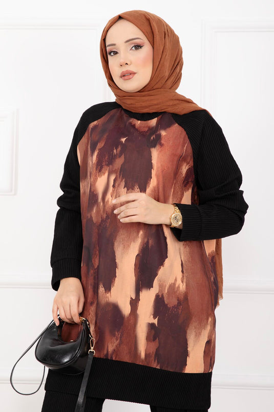 Batik Desen Ribanalı Tesettür İkili Takım Kiremit