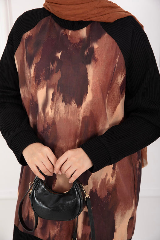 Batik Desen Ribanalı Tesettür İkili Takım Kiremit