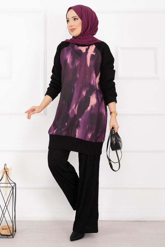 Batik Pattern Ribbed Cuffed Modest Two-Piece Set Purple