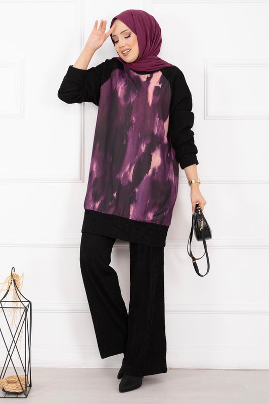 Batik Pattern Ribbed Cuffed Modest Two-Piece Set Purple