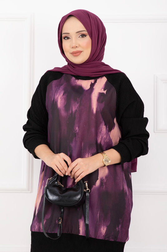 Batik Pattern Ribbed Cuffed Modest Two-Piece Set Purple