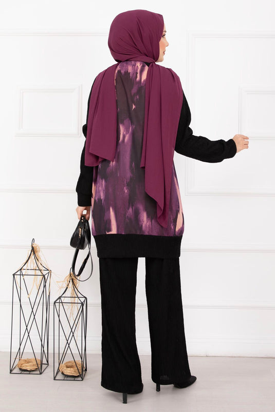 Batik Pattern Ribbed Cuffed Modest Two-Piece Set Purple
