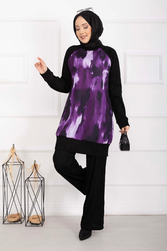 Batik Patterned Ribbed Modest Two-Piece Set in Burgundy