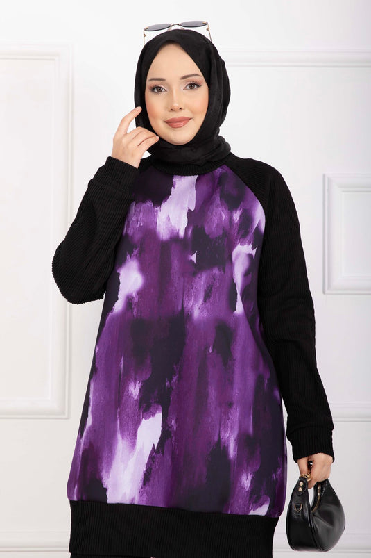 Batik Patterned Ribbed Modest Two-Piece Set in Burgundy