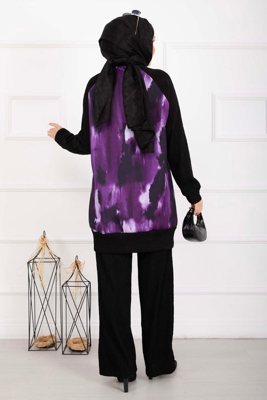 Batik Patterned Ribbed Modest Two-Piece Set in Burgundy