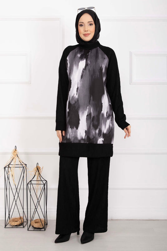 Batik Desen Ribanalı Tesettür İkili Takım Siyah