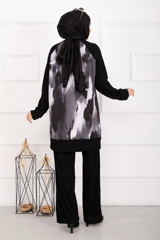 Batik Desen Ribanalı Tesettür İkili Takım Siyah