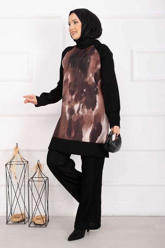 Batik Pattern Ribbed Modest Two-Piece Set in Chestnut