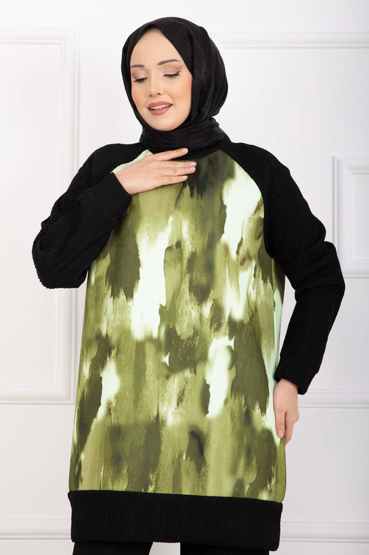 Batik Pattern Ribbed Modest Two-Piece Set Olive Green