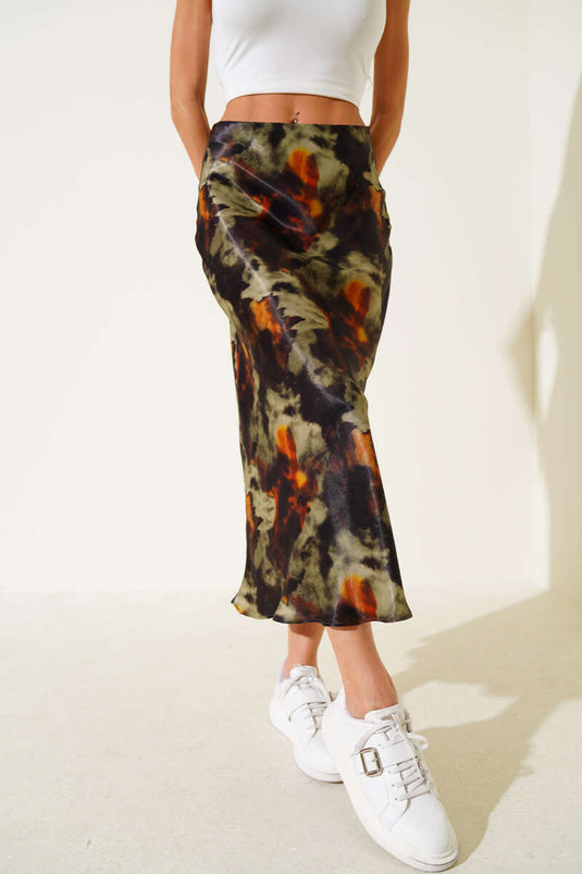 Batik Pattern Satin Midi Skirt Khaki