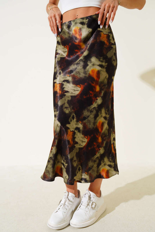 Batik Pattern Satin Midi Skirt Khaki