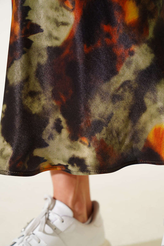 Batik Pattern Satin Midi Skirt Khaki