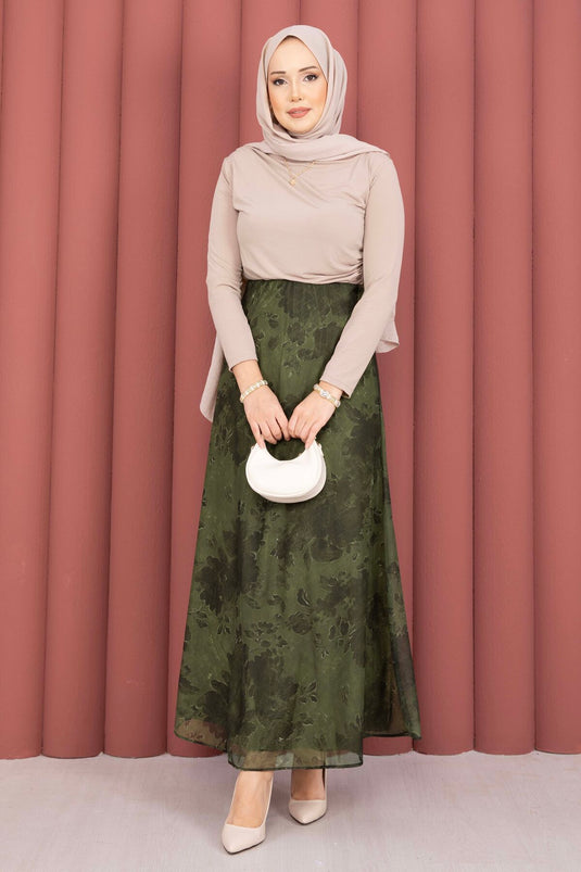 Batik Pattern Tulle Skirt Khaki