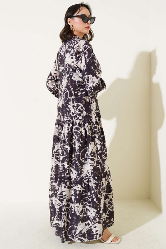 Batik Desen Yarım Düğmeli Elbise Mürdüm