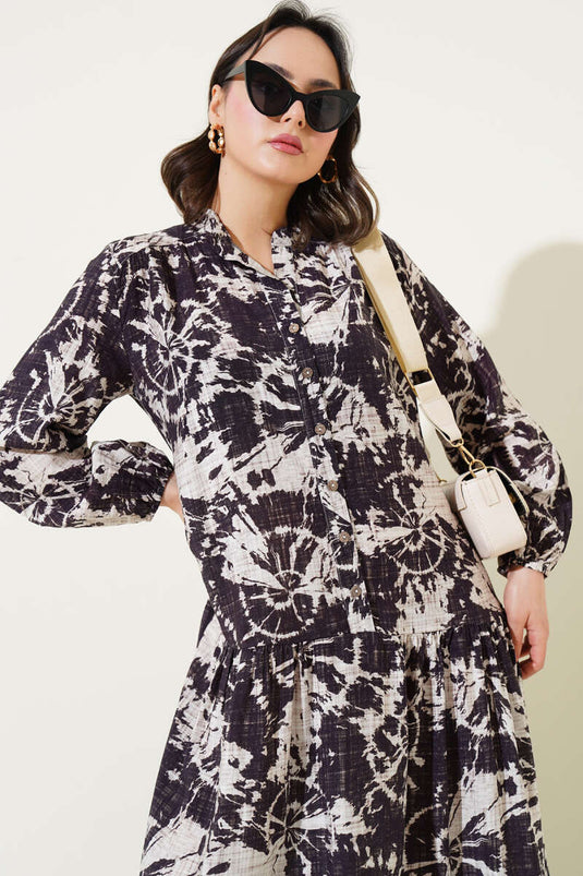Batik Desen Yarım Düğmeli Elbise Mürdüm