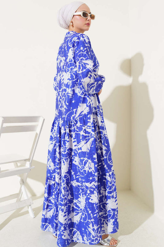 Batik Pattern Half Button Dress Royal Blue