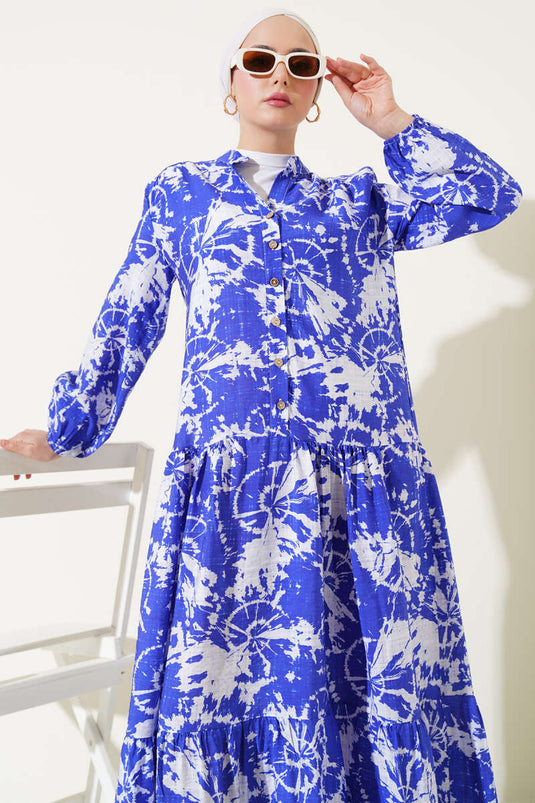 Batik Pattern Half Button Dress Royal Blue