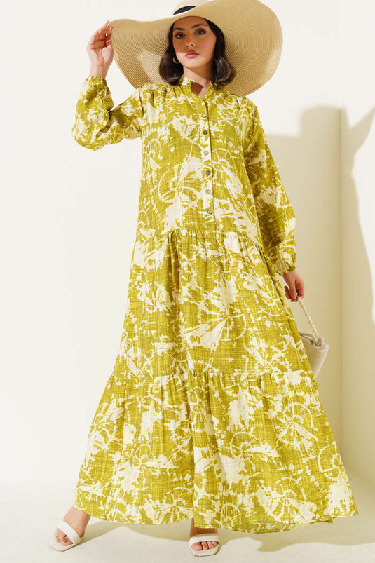 Batik Desen Yarım Düğmeli Elbise Yağ Yeşili