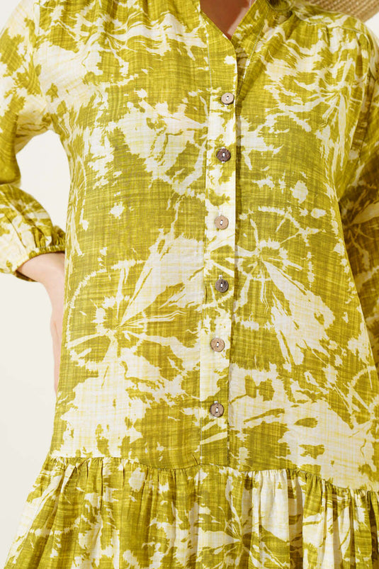 Batik Desen Yarım Düğmeli Elbise Yağ Yeşili