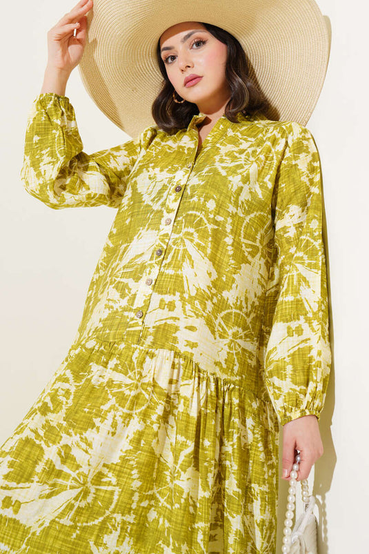 Batik Desen Yarım Düğmeli Elbise Yağ Yeşili