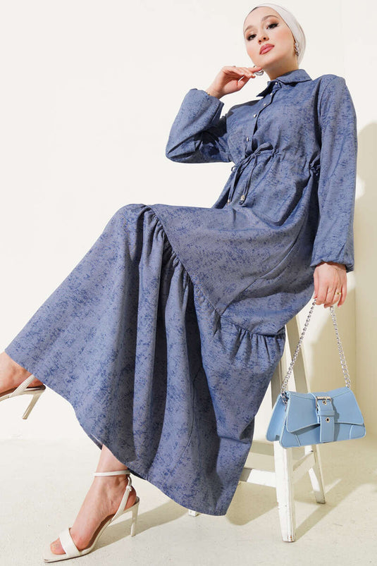 Batik Pattern Half Stone Buttoned Dress Smoke Color