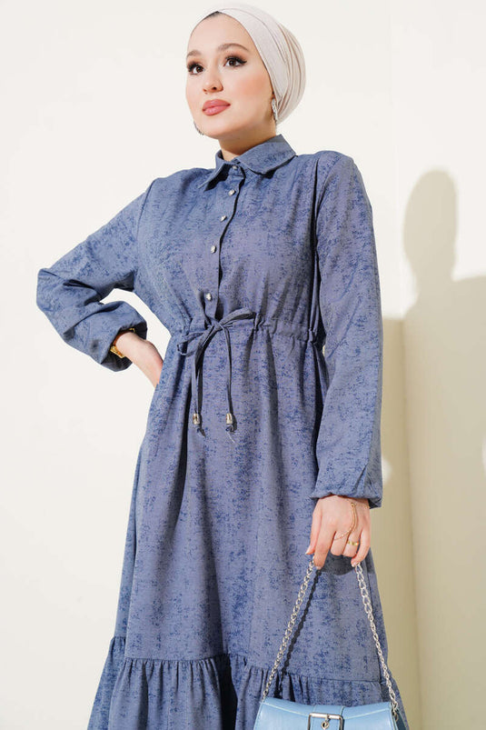 Batik Pattern Half Stone Buttoned Dress Smoke Color