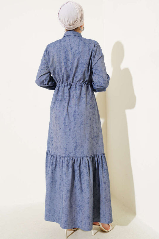 Batik Pattern Half Stone Buttoned Dress Smoke Color