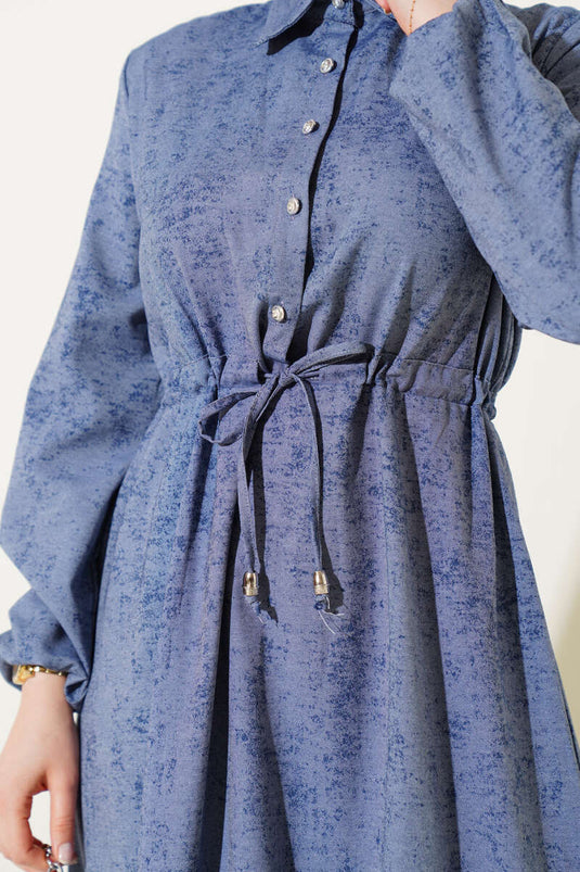 Batik Pattern Half Stone Buttoned Dress Smoke Color