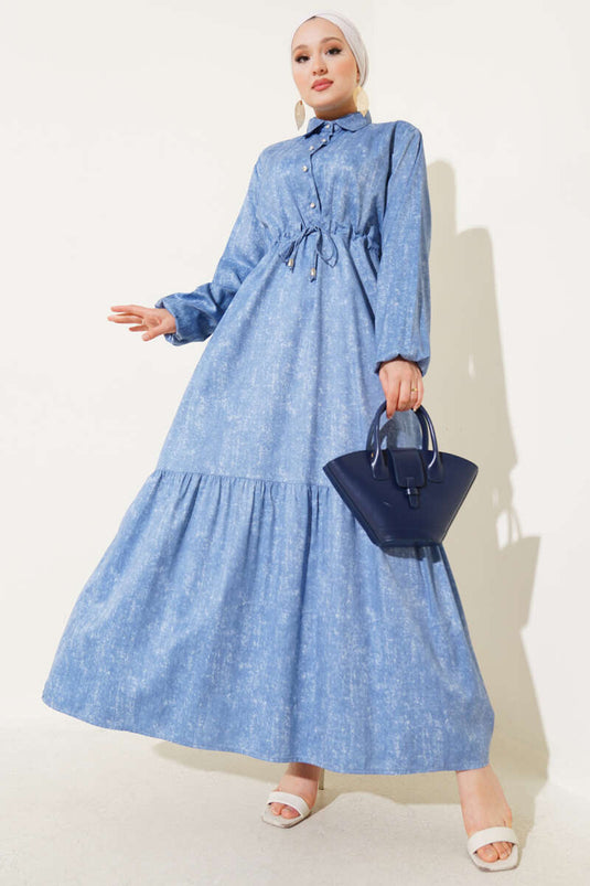 Batik Pattern Half Stone Buttoned Dress Blue