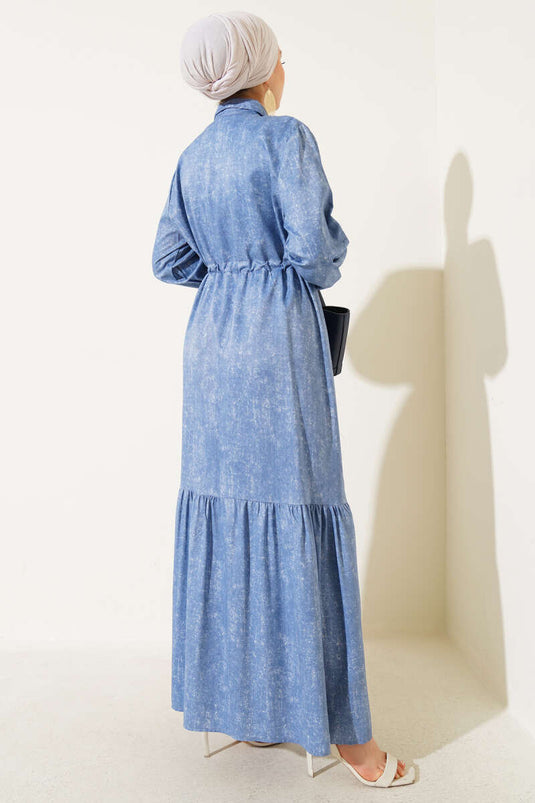 Batik Pattern Half Stone Buttoned Dress Blue