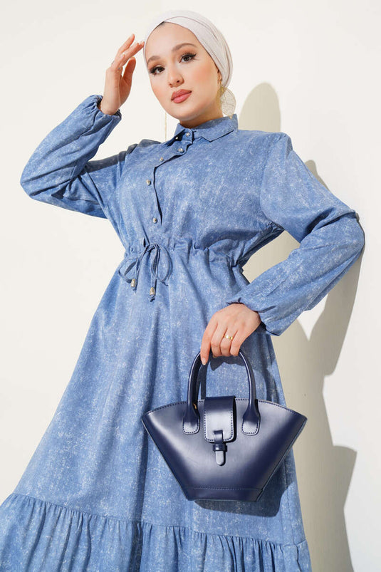 Batik Pattern Half Stone Buttoned Dress Blue