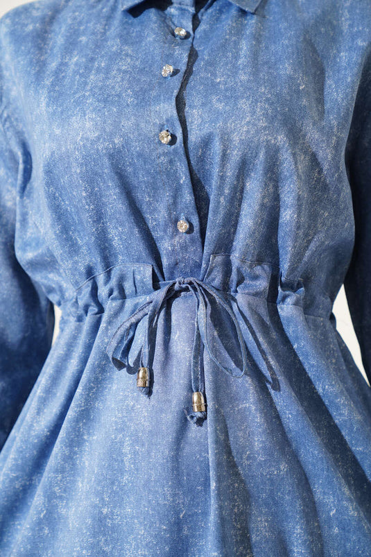 Batik Pattern Half Stone Buttoned Dress Blue