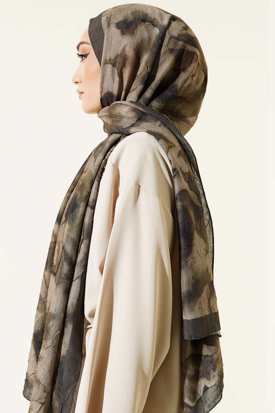 Batik Patterned Bamboo Crêpe Scarf Khaki