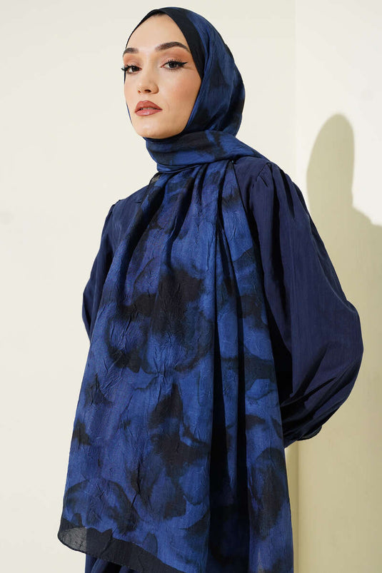 Batik Patterned Bamboo Crêpe Scarf Navy Blue