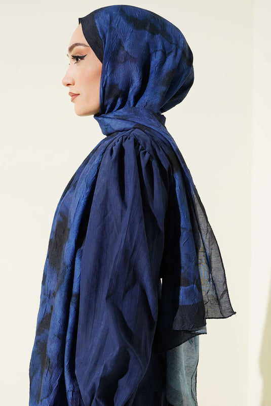 Batik Patterned Bamboo Crêpe Scarf Navy Blue