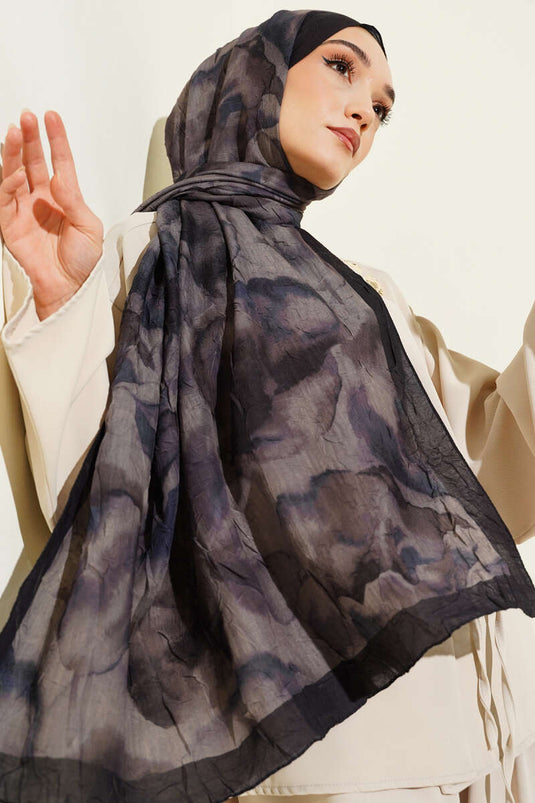 Batik Patterned Bamboo Crêpe Scarf Black Khaki