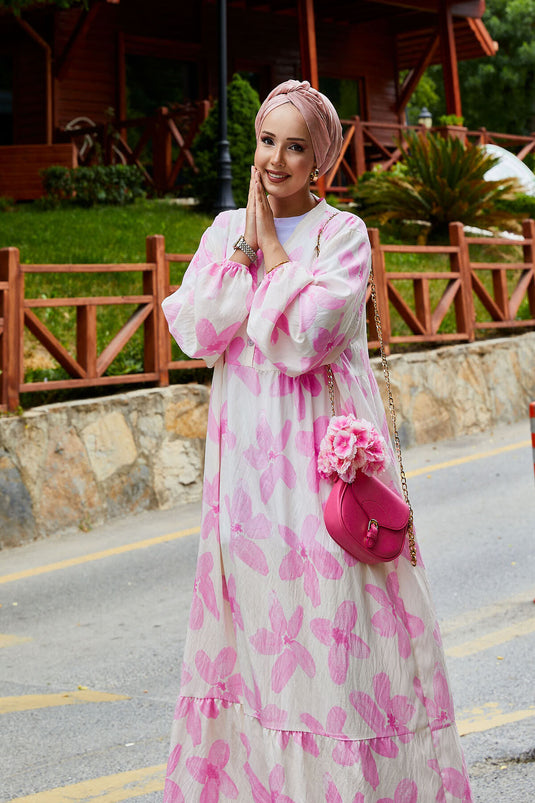 Battal Beden Yarım Düğmeli Desenli Elbise Pembe