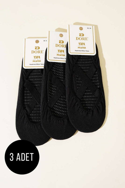 جوارب يوغا بيلاتيس نسائية سوداء اللون (3 قطع)