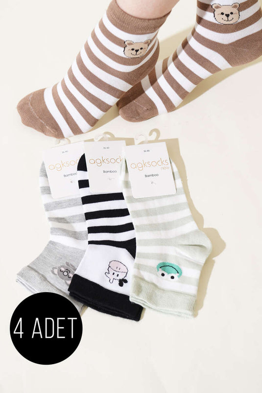 Bayan 4'lü Hayvan Figürlü Kısa Konç Çorap Asorti 1