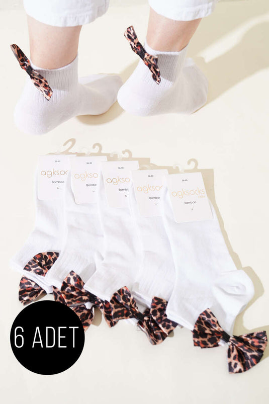 Bayan 6'lı Leopar Kurdaleli Konç Çorap Beyaz