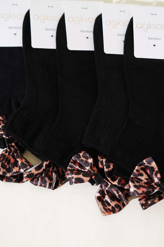 Women's 6-Pack Leopard Ribbon Ankle Socks Black