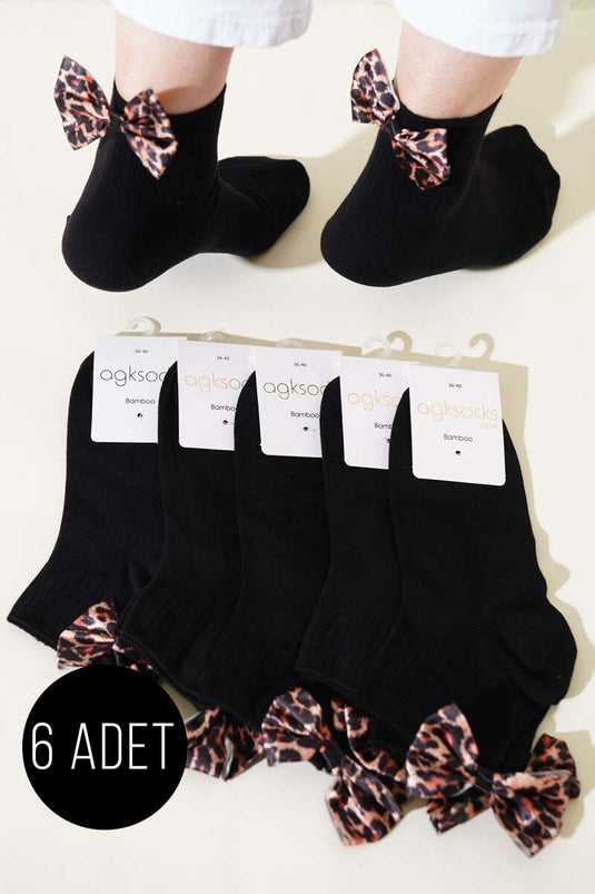 Women's 6-Pack Leopard Ribbon Ankle Socks Black